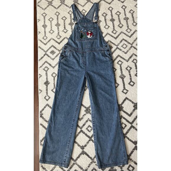 CHRISTOPHER & BANKS Vintage Christmas Appliqué Wide Leg Denim Jean Overalls Sz L - Picture 10 of 16